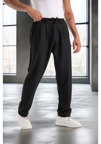 Bezayağı Kumaş Relax Fit Duble Paça Jogger Pantolon - Siyah