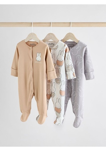 % 100 Pamuklu Premium Krem Tavşan Desenli 3'lü Tulum Set