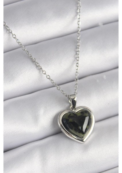 316L Çelik Gümüş Renk Yeşil Mineli Kalp Model Kadın Kolye - PRT3500EB02988