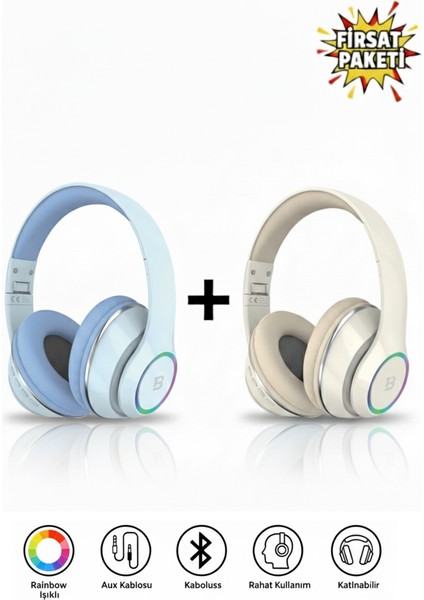 Kablosuz Kulaküstü Mavi-Krem Bluetooth Kulaklık Stereo-Mikrofon-Aux Sd Kart HK-035
