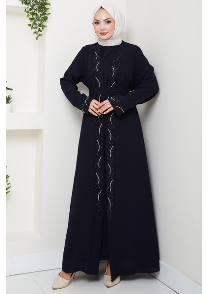 Kuşaklı Taş Detaylı Abaya Lacivert HM2803 fiyatları