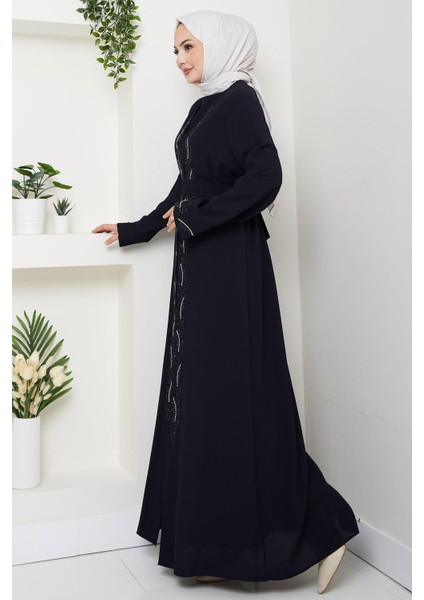 Kuşaklı Taş Detaylı Abaya Lacivert HM2803 indirimleri