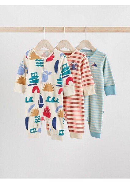 %100 Pamuklu Krem Mavi Baskılı 3'lü Tulum Set