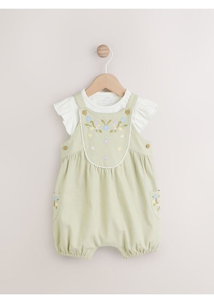 % 100 Pamuklu Sage Green Çiçek Işlemeli Salopet Body Zıbın Set