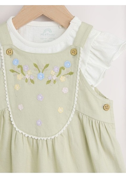 % 100 Pamuklu Sage Green Çiçek Işlemeli Salopet Body Zıbın Set modelleri