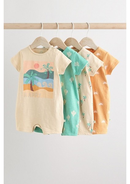 % 100 Pamuklu Krem Yeşil Palmiye Desenli 4'lü Romper Set