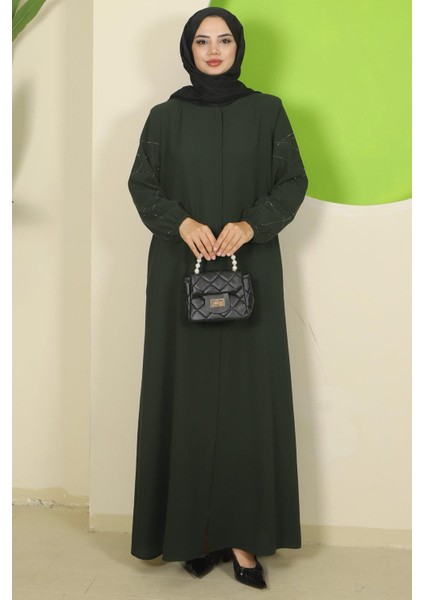 Kolları Taşlı Büyük Beden Ferace Haki HM2801 modelleri