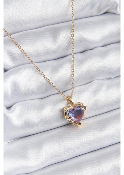 316L Çelik Zincir Gold Renk Mor Renk Zirkon Taşlı Kalp Model Kadın Kolye - PRT3500EB00904