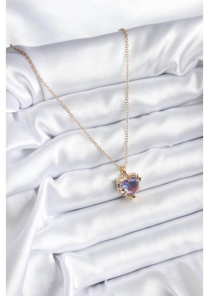 316L Çelik Zincir Gold Renk Mor Renk Zirkon Taşlı Kalp Model Kadın Kolye - PRT3500EB00904 fiyatları