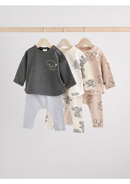 Pamuklu Krem Kahve Fil Desenli 3'lü Alt Üst Takım