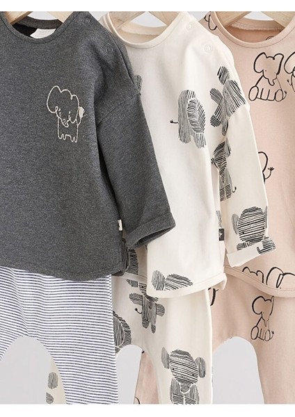 Pamuklu Krem Kahve Fil Desenli 3'lü Alt Üst Takım modelleri