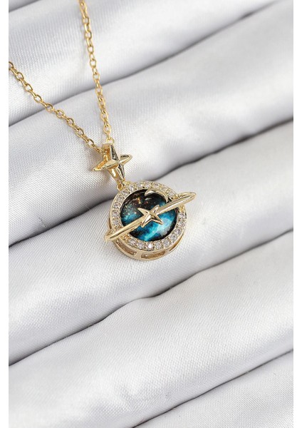 316L Çelik Zirkon Taşlı Gezegen Model Gold Renk Kadın Kolye - PRT3500EB08690