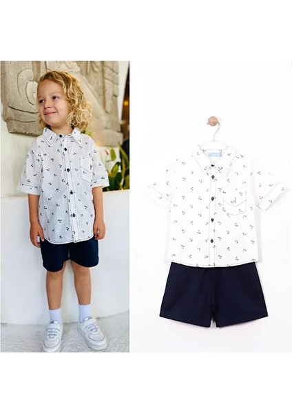 Laciel Paris Beyaz Keten Kısa Kollu Gömlek Lacivert Şortlu Alt Üst Takım