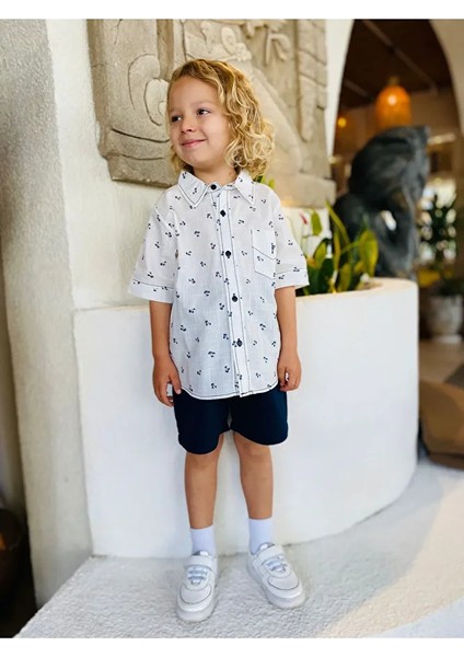 Laciel Paris Beyaz Keten Kısa Kollu Gömlek Lacivert Şortlu Alt Üst Takım fiyatları