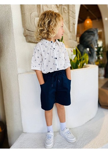Laciel Paris Beyaz Keten Kısa Kollu Gömlek Lacivert Şortlu Alt Üst Takım fırsatları