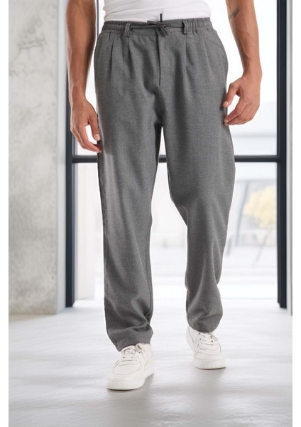 Bezayağı Kumaş Relax Fit Duble Paça Jogger Pantolon - Gri
