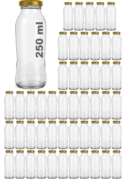 250 ml Dalga Desenli Şeffaf Meyve Suyu, Limonata Şişesi Metal Gold Kapaklı 250 cc Boş Cam Şişe 50 Adet