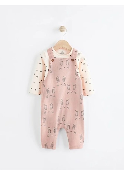 Pamuklu Pembe Tavşan Desenli Salopet Body Zıbın Set