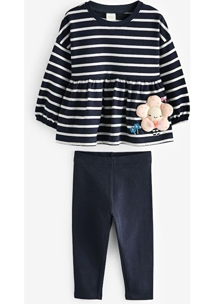 Pamuklu Lacivert Çizgili Çiçek Desenli Uzun Kollu Alt Üst Takım modelleri