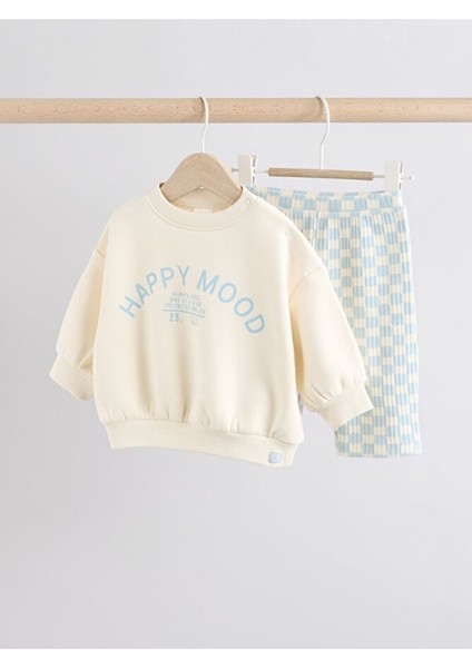 Pamuklu Beyaz Mavi Baskılı Uzun Kollu Alt Üst Takım