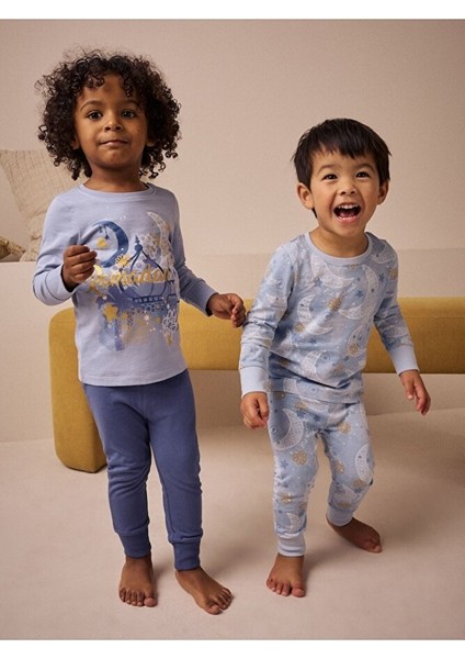 Pamuklu Mavi Ramazan Temalı Uzun Kollu Pijama Alt Üst Takım