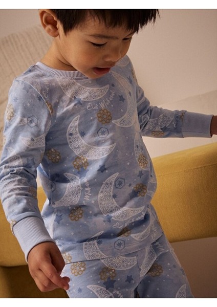 Pamuklu Mavi Ramazan Temalı Uzun Kollu Pijama Alt Üst Takım modelleri