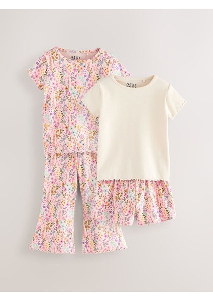 Pamuklu Pembe Çiçek Desenli Kısa Kollu 2'li Alt Üst Takım