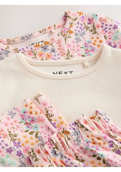 Pamuklu Pembe Çiçek Desenli Kısa Kollu 2'li Alt Üst Takım modelleri