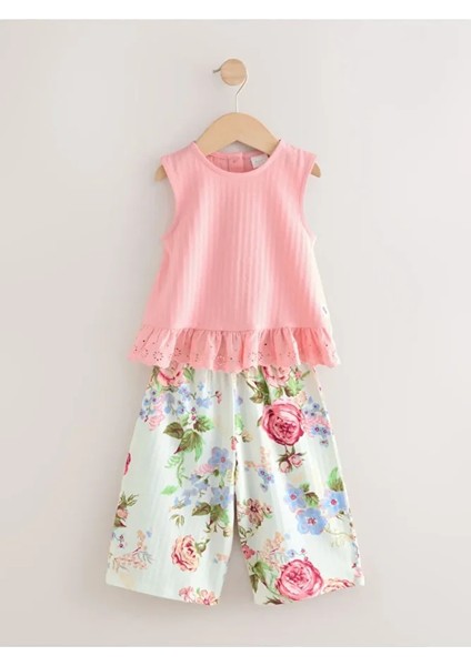 Pamuklu Pembe Çiçek Desenli Kısa Kollu Alt Üst Takım