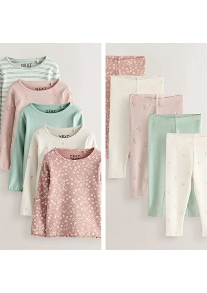 Pamuklu Krem Kahve Uzun Kollu Thsirt Tayt 5'li Alt Üst Takım