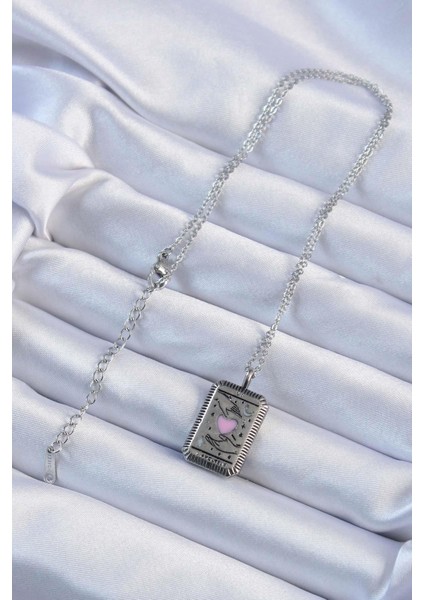 316L Çelik Zincir Eskitme Gümüş Renk Pembe Mineli Kalp Figürlü Tarot Kolye - PRT3500EB02360 fiyatları