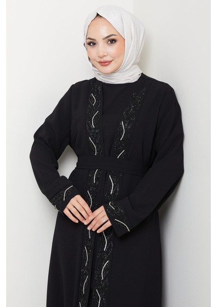 Kuşaklı Taş Detaylı Abaya Siyah HM2803 fiyatları