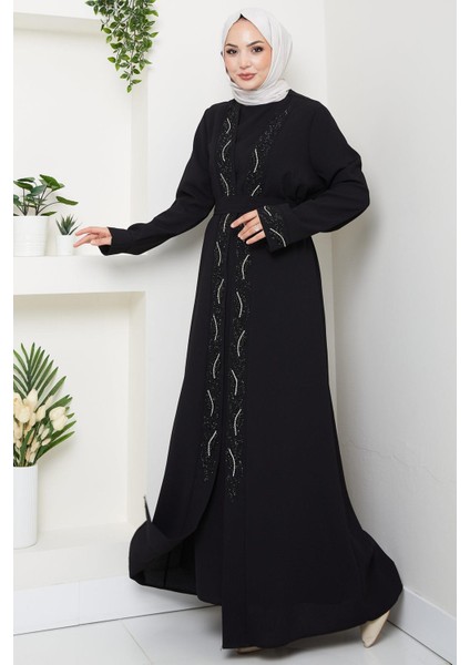 Kuşaklı Taş Detaylı Abaya Siyah HM2803 modelleri