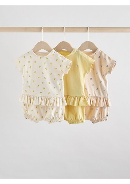 Pamuklu Sarı/beyaz Meyve Desenli Kısa Kollu 3'lü Alt Üst Takım