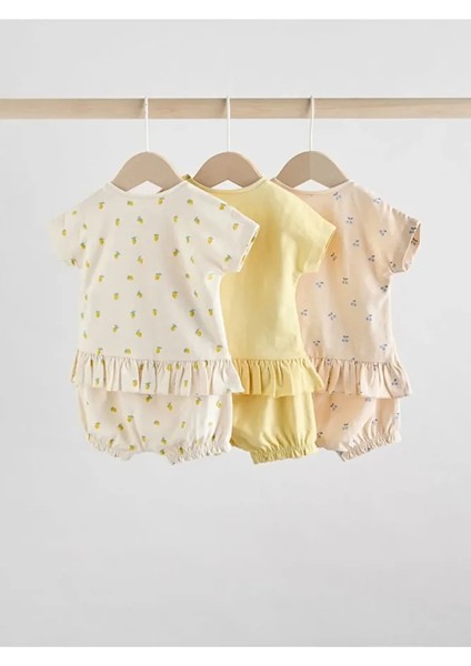 Pamuklu Sarı/beyaz Meyve Desenli Kısa Kollu 3'lü Alt Üst Takım fiyatları