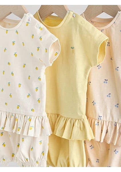 Pamuklu Sarı/beyaz Meyve Desenli Kısa Kollu 3'lü Alt Üst Takım modelleri