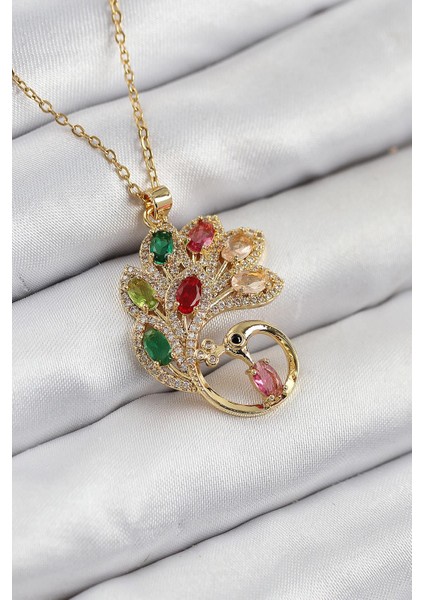 316L Çelik Zirkon Taşlı Tavus Kuşu Model Gold Renk Kadın Kolye - PRT3500EB08696