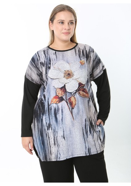 Yünlü Viskon Desenli Likralı Kadın Büyük Beden Tunik
