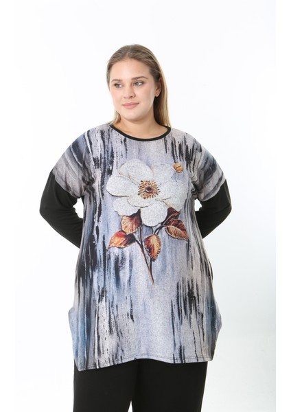 Yünlü Viskon Desenli Likralı Kadın Büyük Beden Tunik modelleri