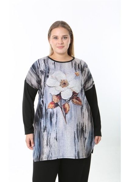 Yünlü Viskon Desenli Likralı Kadın Büyük Beden Tunik fırsatları