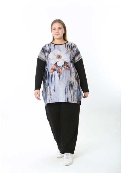 Yünlü Viskon Desenli Likralı Kadın Büyük Beden Tunik