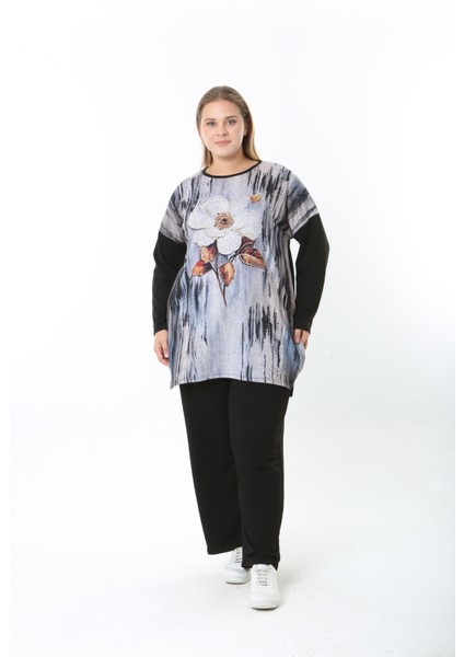 Yünlü Viskon Desenli Likralı Kadın Büyük Beden Tunik