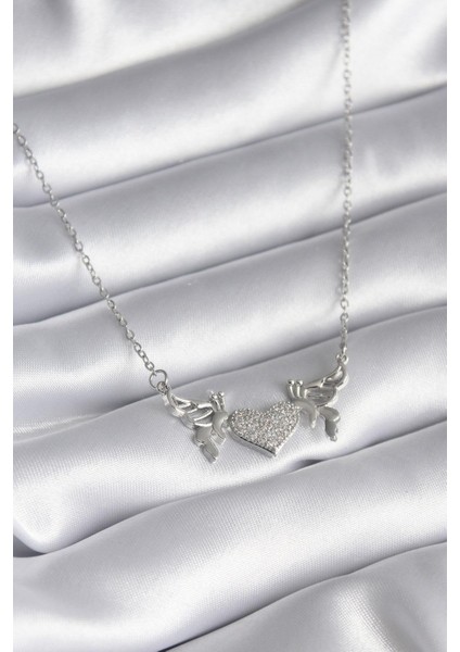 316L Çelik Gümüş Renk Zirkon Taşlı Kanat Kalp Model Kadın Kolye - PRT3500EB01051
