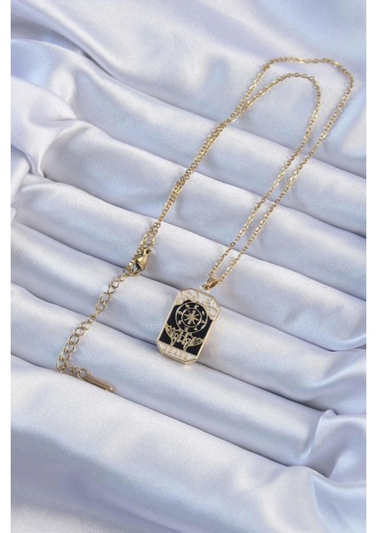 316L Çelik Zincir Altın Renk Işlemeli Siyah Mineli Tarot Kolye - PRT3500EB02364 fiyatları