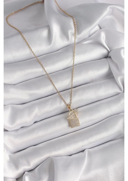 316L Çelik Gold Renk Zincir Zirkon Taşlı Asma Kilit Anahtar Model Kadın Kolye - PRT3500EB03181 fiyatları