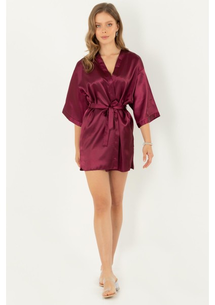 Kadın Bordo Saten Sabahlık