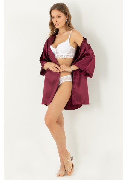 Kadın Bordo Saten Sabahlık
