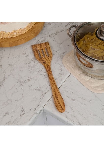Açık Kahverengi, 30 Cm, Zeytin Ağacı Delikli Spatula, Çok Renkli, Dayanıklı ve Şık Tasarım