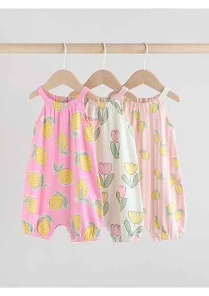 % 100 Pamuklu Soft Pembe Limon Baskılı 3'lü Romper Set