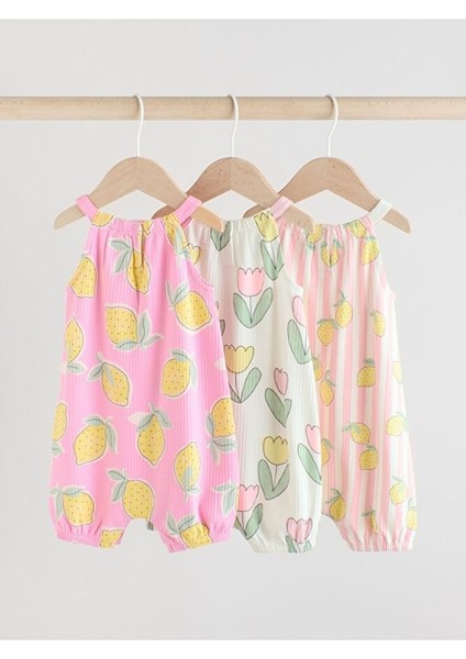 % 100 Pamuklu Soft Pembe Limon Baskılı 3'lü Romper Set fiyatları